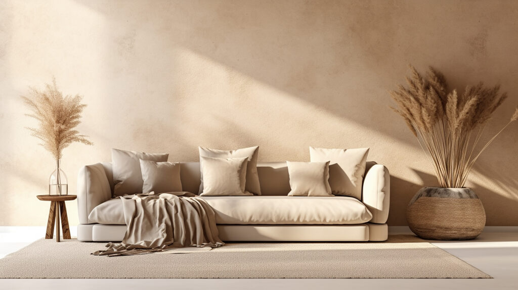 Living room interior mockup win wabi sabi style with white sofa. Generative AI